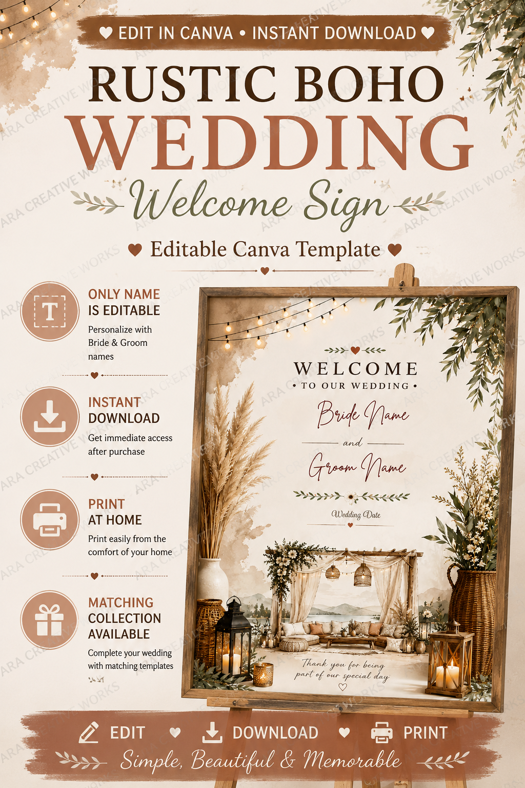 Rustic Boho Wedding Welcome Sign | Editable Canva Wedding Sign | Neutral Wedding Decor | Printable Wedding Welcome Sign