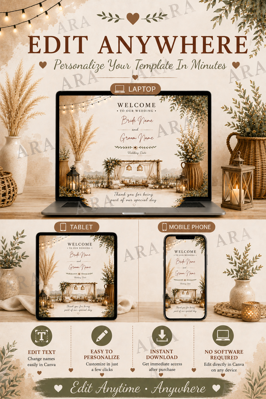 Rustic Boho Wedding Welcome Sign | Editable Canva Wedding Sign | Neutral Wedding Decor | Printable Wedding Welcome Sign