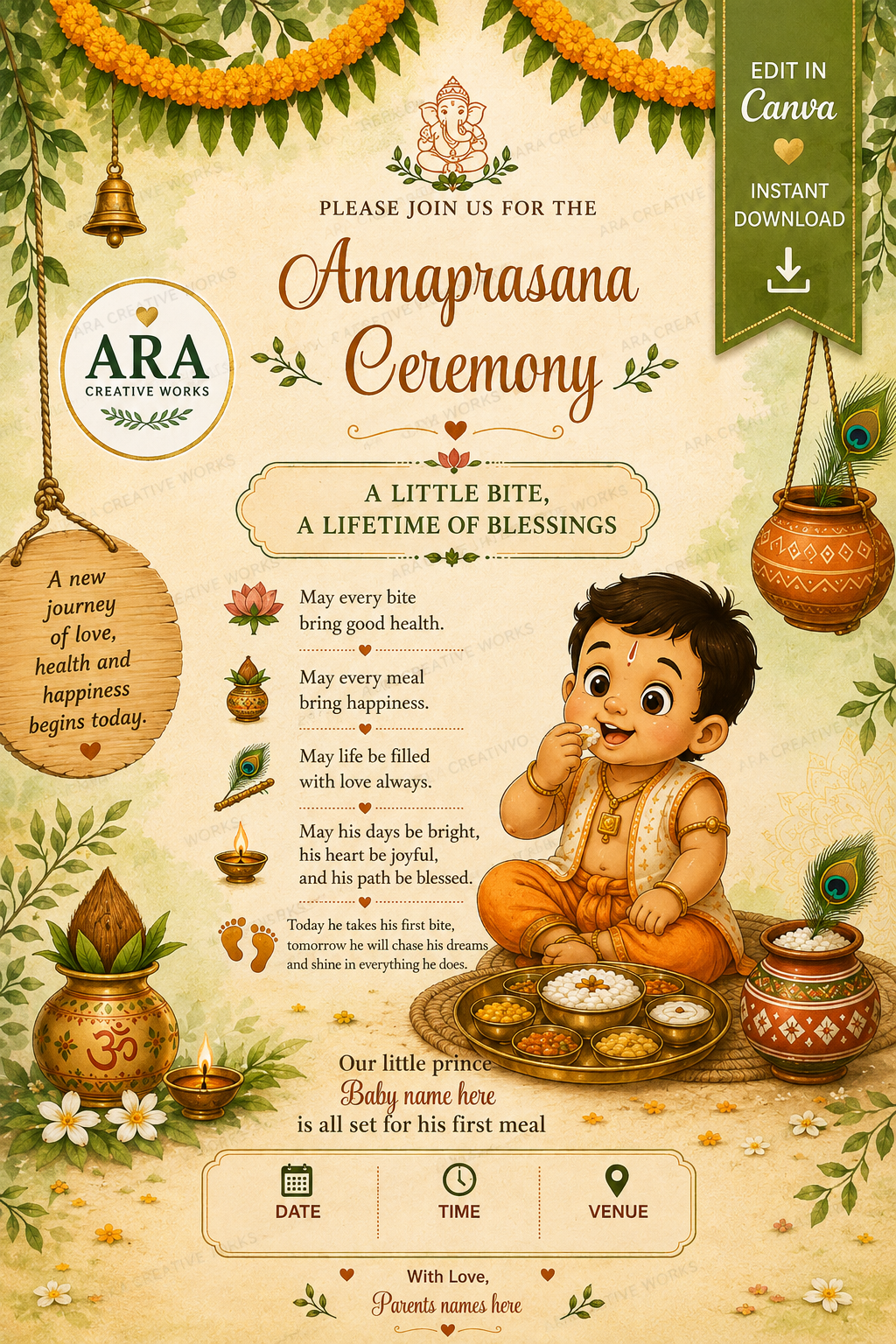 Rustic Village Annaprasana Invitation Template | Editable Canva Invitation | Baby Boy First Rice Ceremony Digital Download