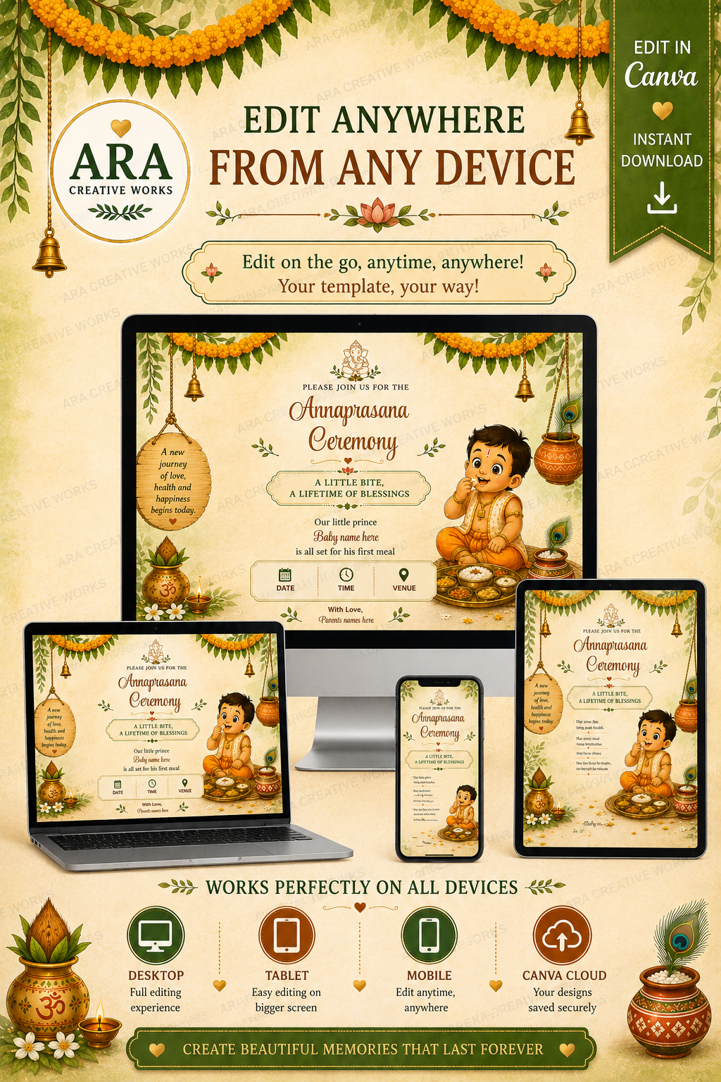 Rustic Village Annaprasana Invitation Template | Editable Canva Invitation | Baby Boy First Rice Ceremony Digital Download
