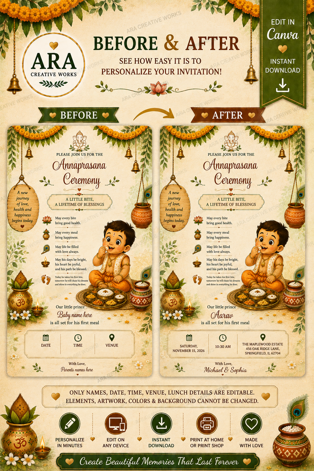 Rustic Village Annaprasana Invitation Template | Editable Canva Invitation | Baby Boy First Rice Ceremony Digital Download