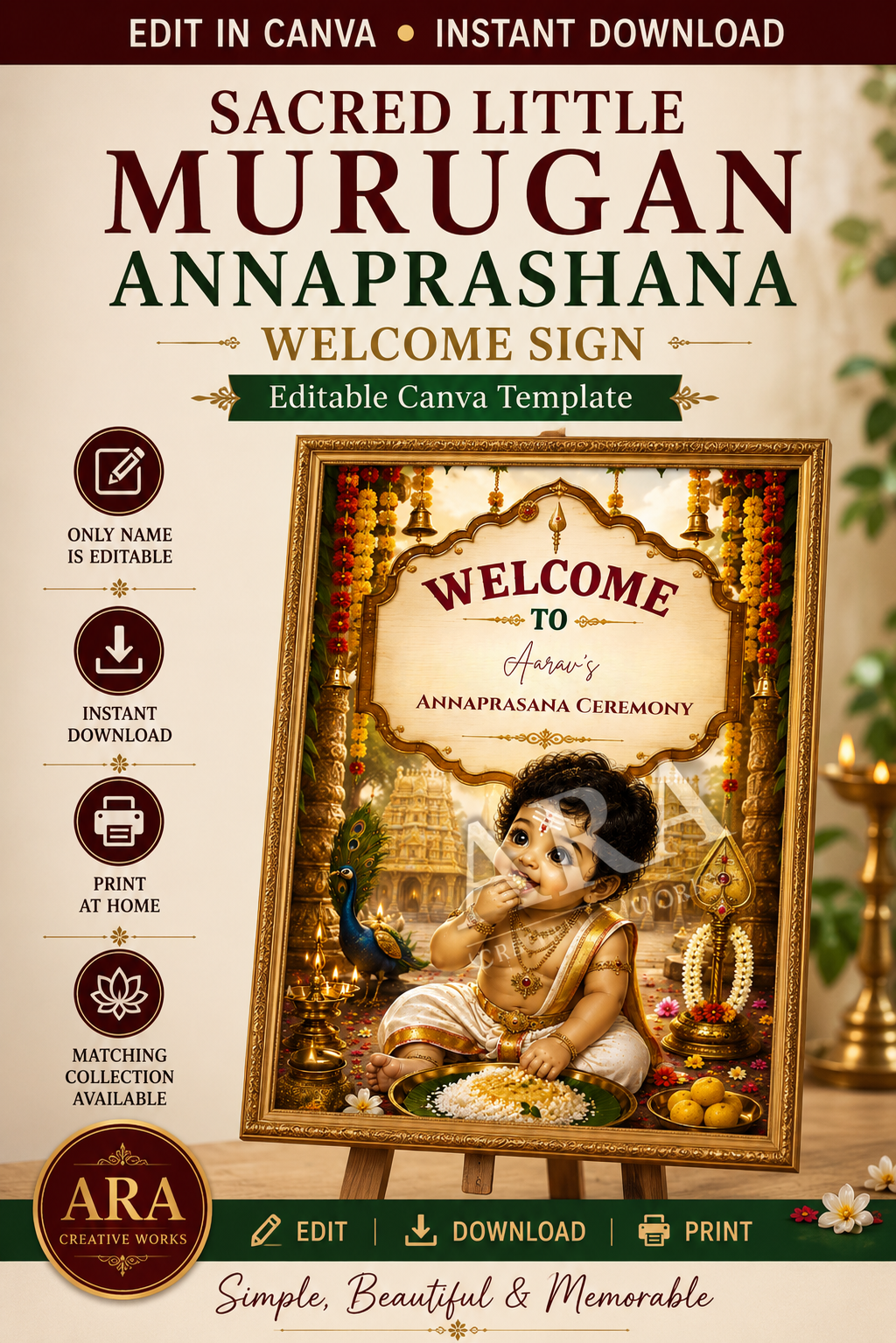 Sacred Little Murugan Annaprashana Welcome Sign | Baby Boy Rice Ceremony | Editable Canva Template | Indian First Feeding Sign