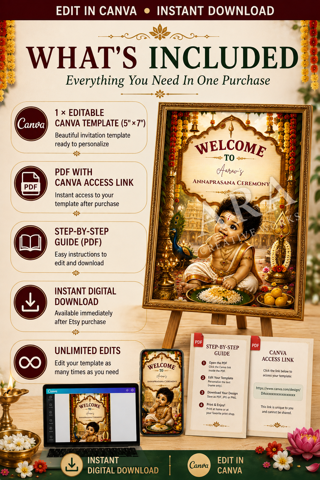 Sacred Little Murugan Annaprashana Welcome Sign | Baby Boy Rice Ceremony | Editable Canva Template | Indian First Feeding Sign