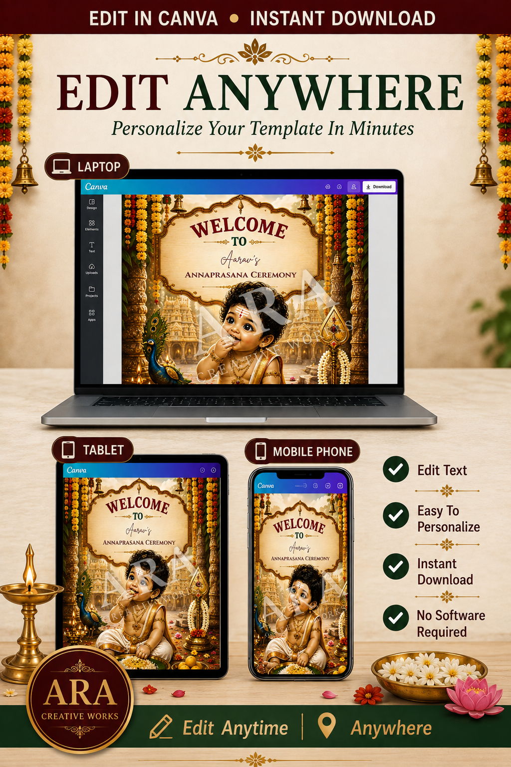 Sacred Little Murugan Annaprashana Welcome Sign | Baby Boy Rice Ceremony | Editable Canva Template | Indian First Feeding Sign