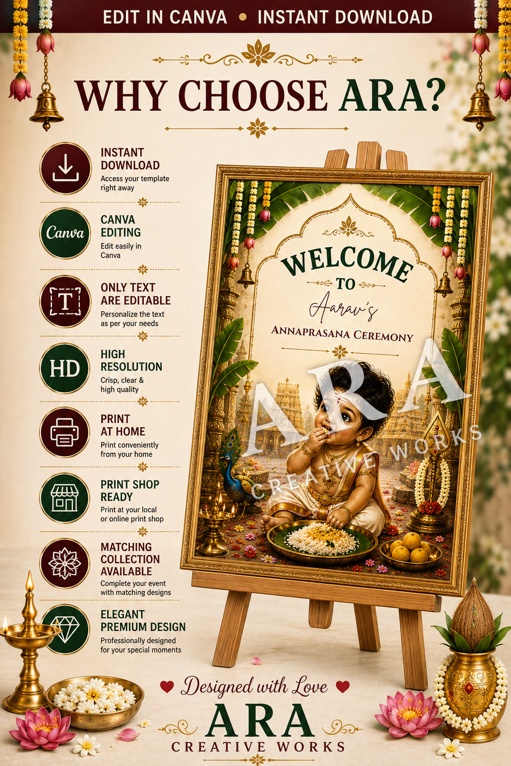 Sacred Little Murugan Annaprashana Welcome Sign | Baby Boy Rice Ceremony | Editable Canva Template | Indian First Feeding Sign