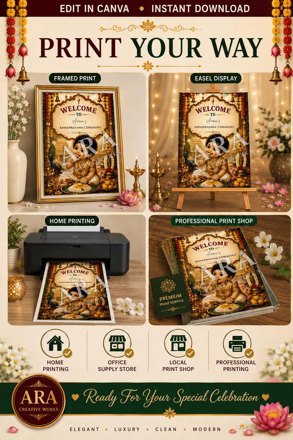 Sacred Little Murugan Annaprashana Welcome Sign | Baby Boy Rice Ceremony | Editable Canva Template | Indian First Feeding Sign