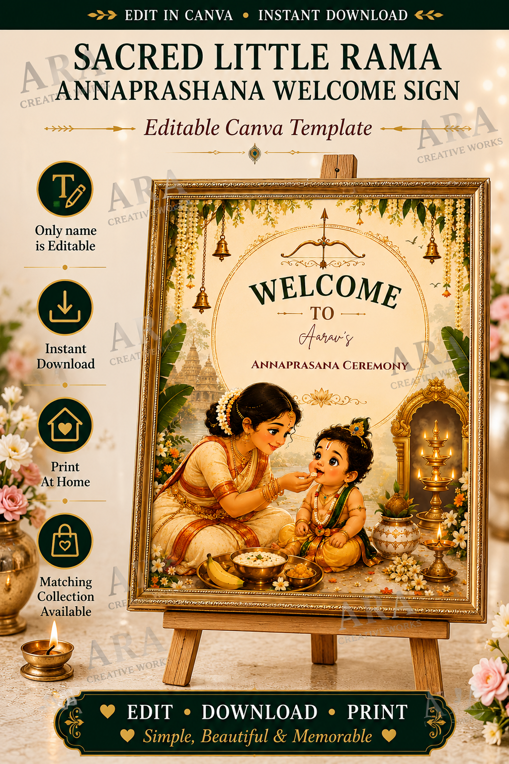 Sacred Little Rama Annaprashana Welcome Sign | Editable Canva Template | First Rice Ceremony Sign | Hindu Baby Welcome Board