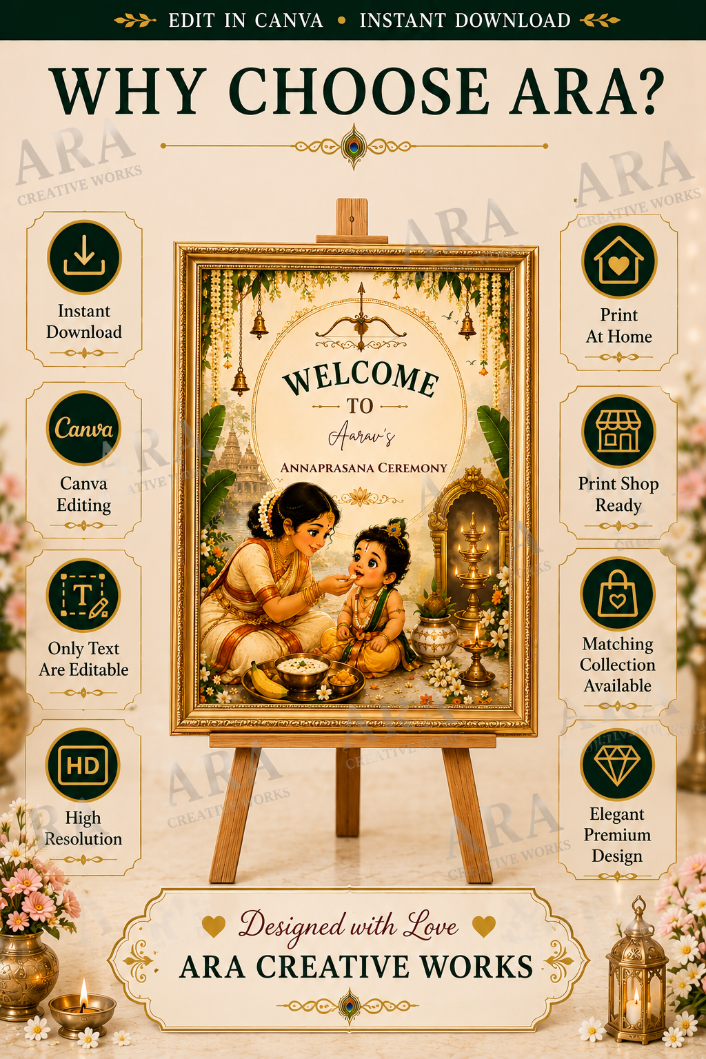 Sacred Little Rama Annaprashana Welcome Sign | Editable Canva Template | First Rice Ceremony Sign | Hindu Baby Welcome Board