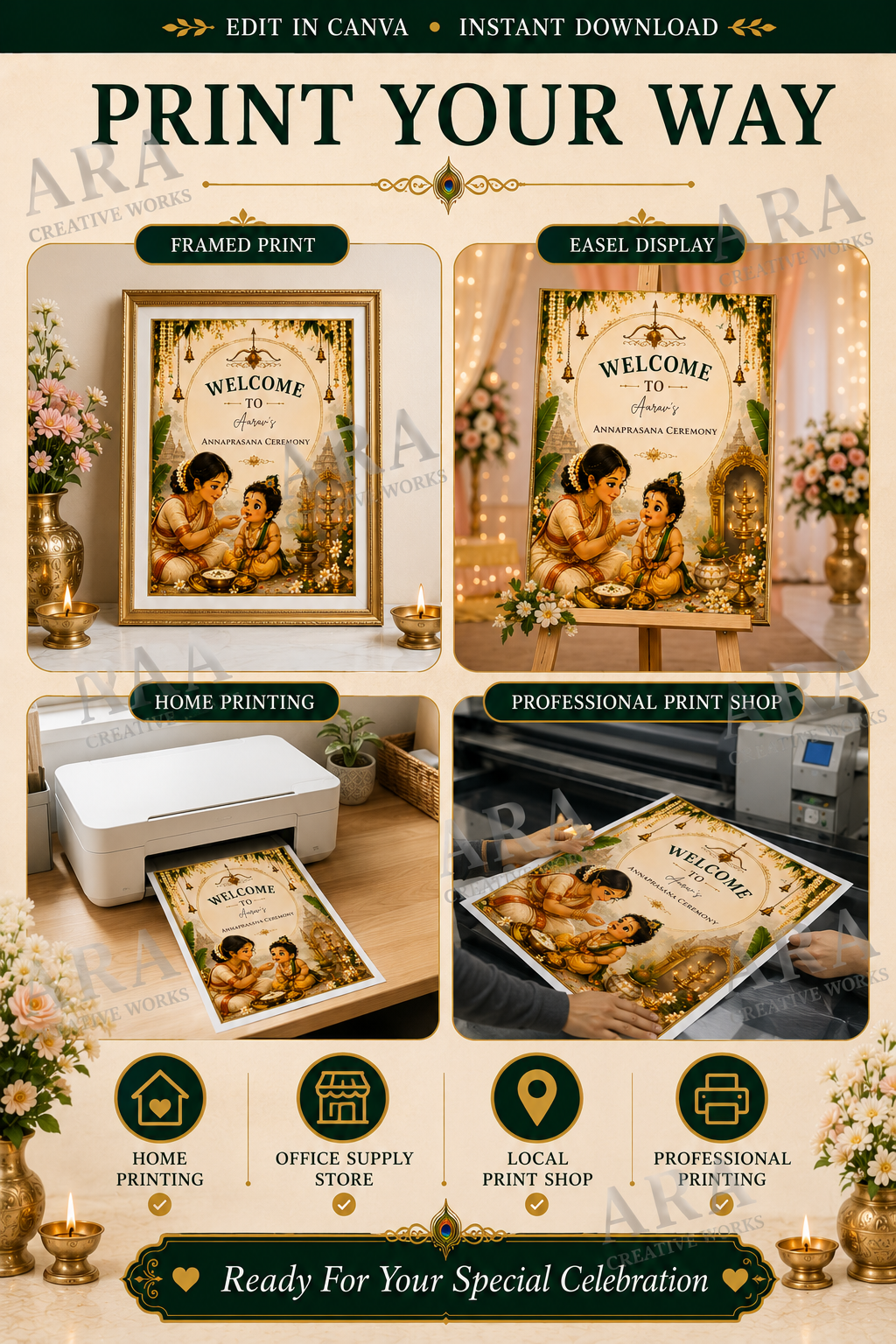 Sacred Little Rama Annaprashana Welcome Sign | Editable Canva Template | First Rice Ceremony Sign | Hindu Baby Welcome Board