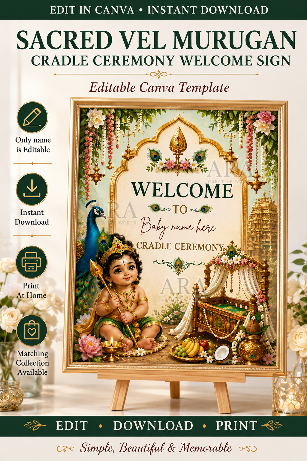 Sacred Vel Murugan Cradle Ceremony Welcome Sign, Little Murugan Baby Welcome Board, Indian Naming Ceremony Canva Template, Digital Download