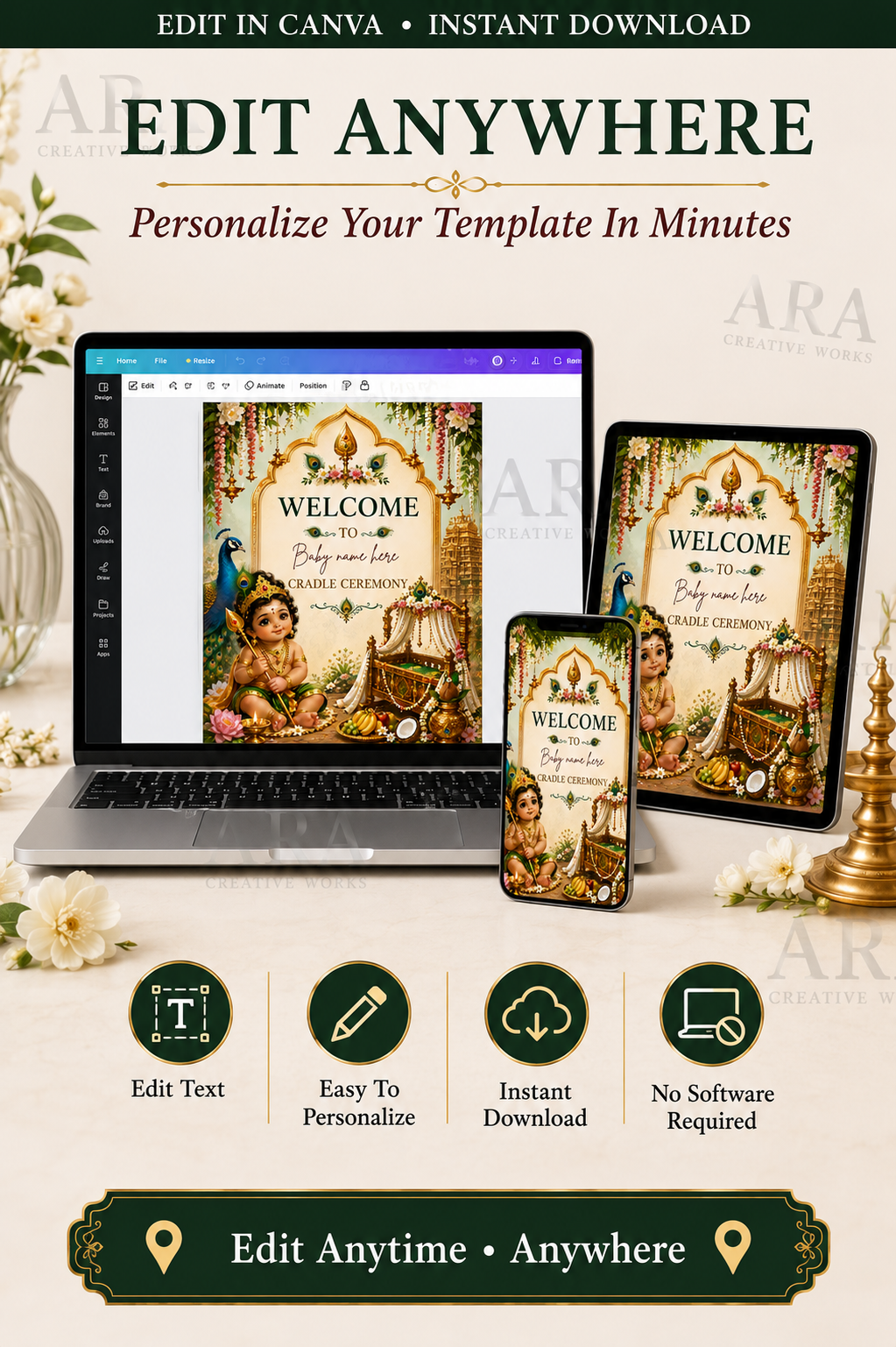 Sacred Vel Murugan Cradle Ceremony Welcome Sign, Little Murugan Baby Welcome Board, Indian Naming Ceremony Canva Template, Digital Download
