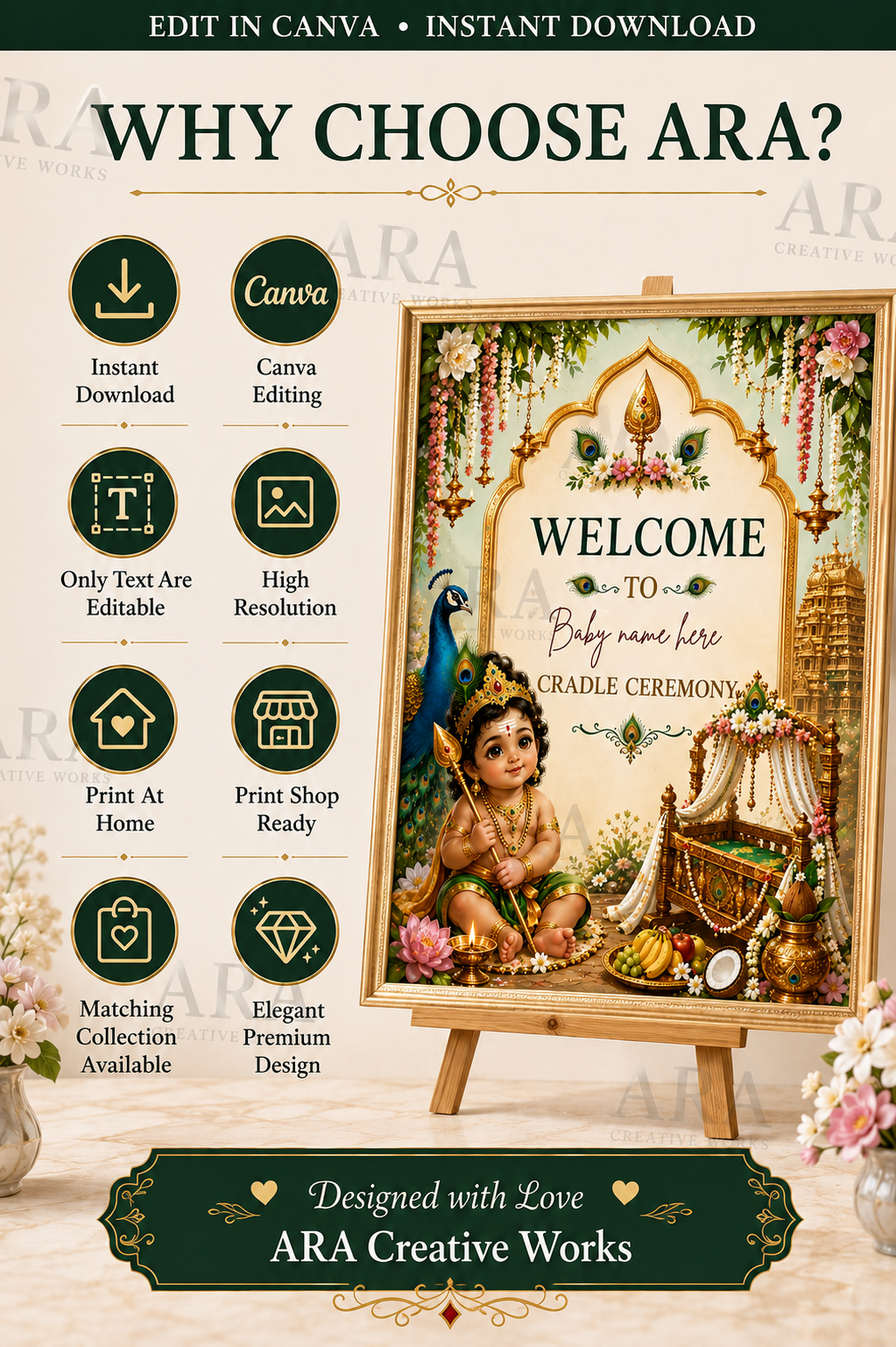 Sacred Vel Murugan Cradle Ceremony Welcome Sign, Little Murugan Baby Welcome Board, Indian Naming Ceremony Canva Template, Digital Download