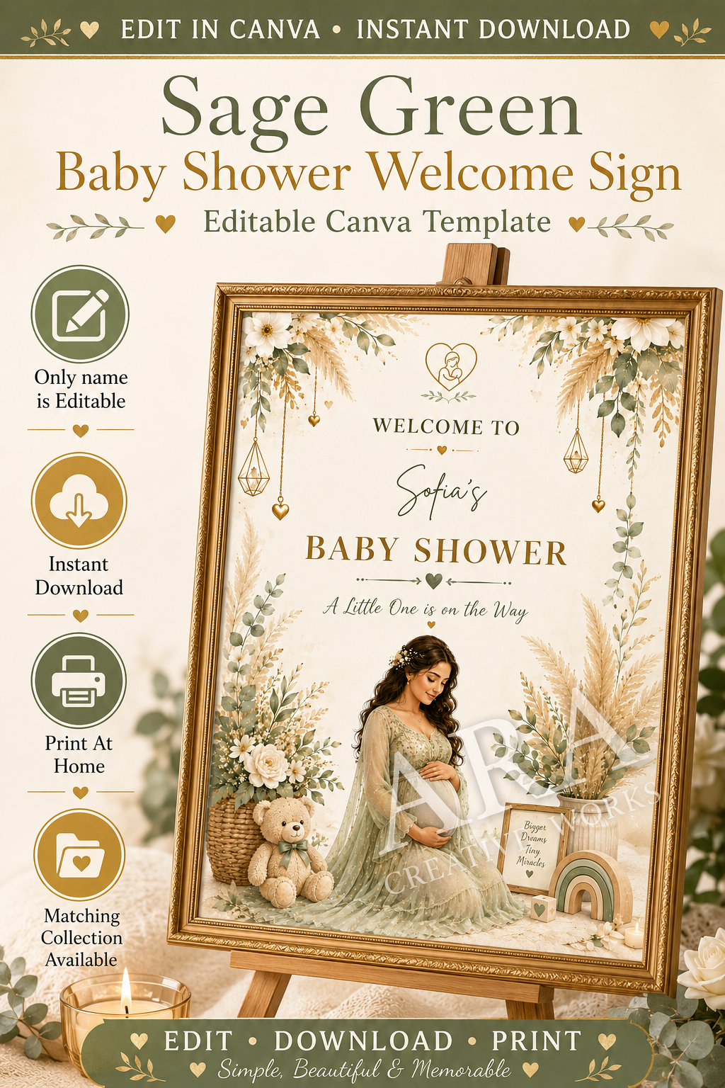 Sage Green Baby Shower Welcome Sign, Editable Canva Template, Boho Floral Baby Shower Sign, Neutral Baby Shower Decor