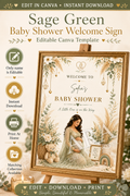 Sage Green Baby Shower Welcome Sign, Editable Canva Template, Boho Floral Baby Shower Sign, Neutral Baby Shower Decor