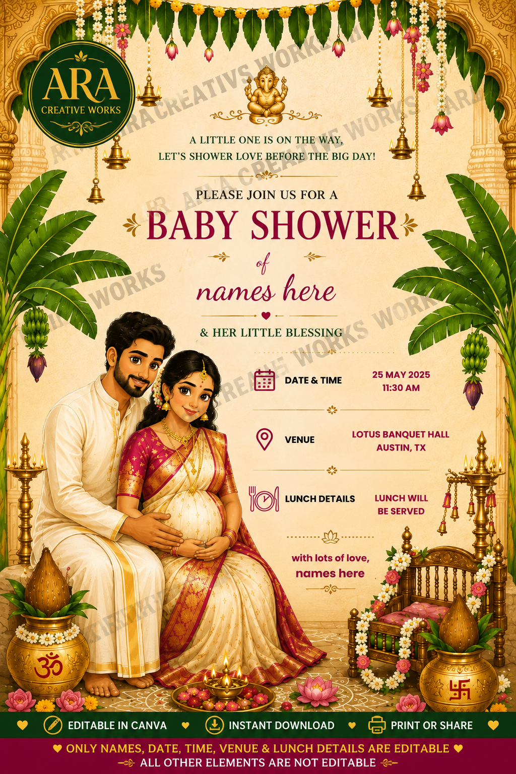 South Indian Baby Shower Couple Invitation | Editable Canva Template | Digital Download
