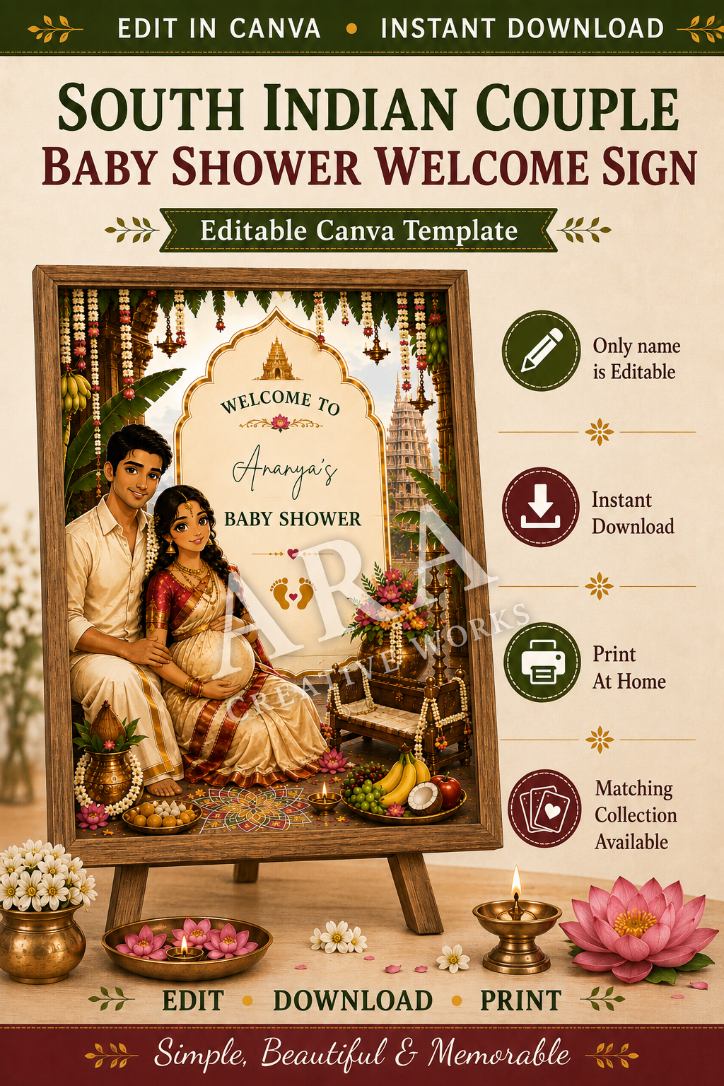 South Indian Couple Baby Shower Welcome Sign | Editable Canva Template | Traditional Indian Seemantham Welcome Board | Digital Download