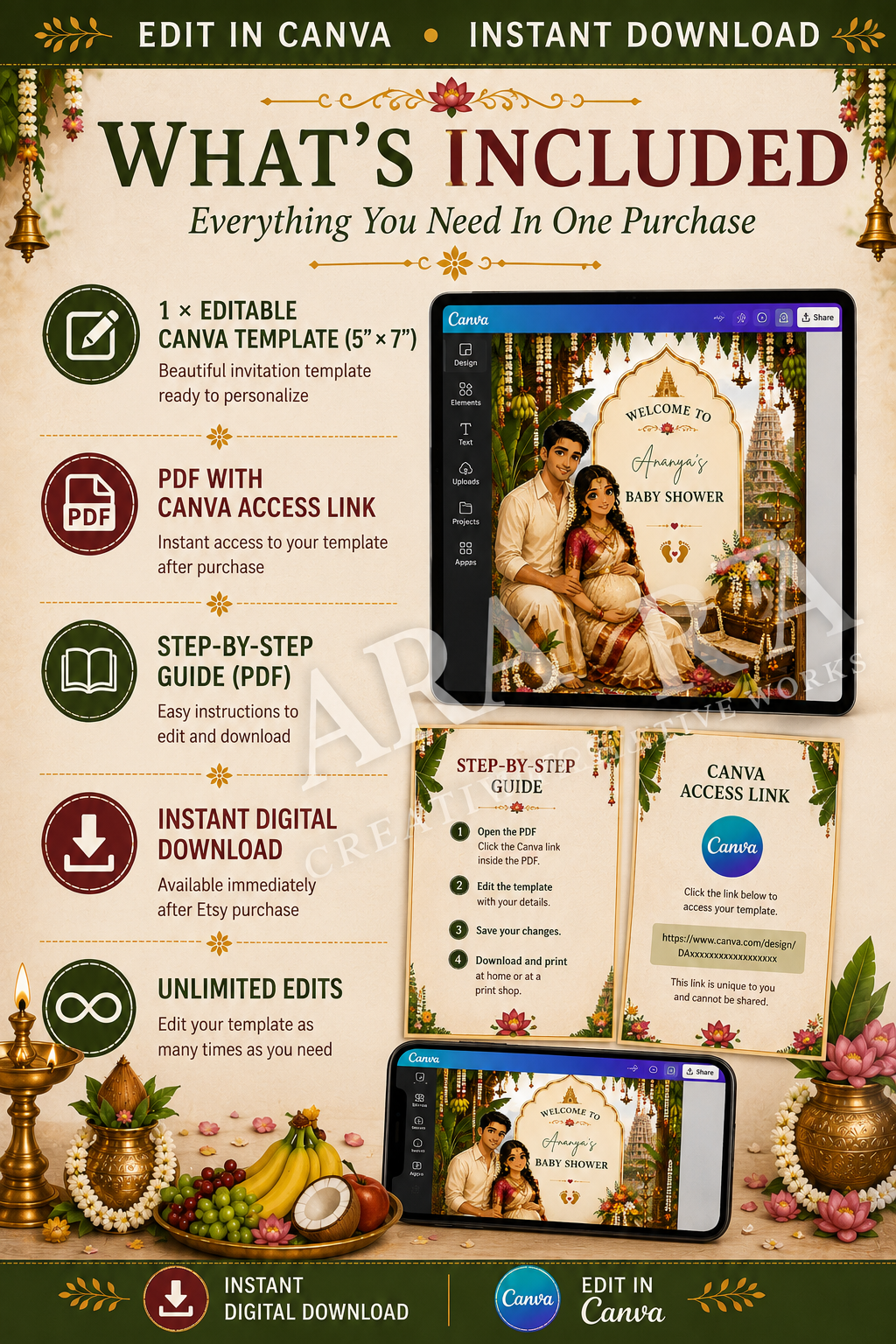 South Indian Couple Baby Shower Welcome Sign | Editable Canva Template | Traditional Indian Seemantham Welcome Board | Digital Download