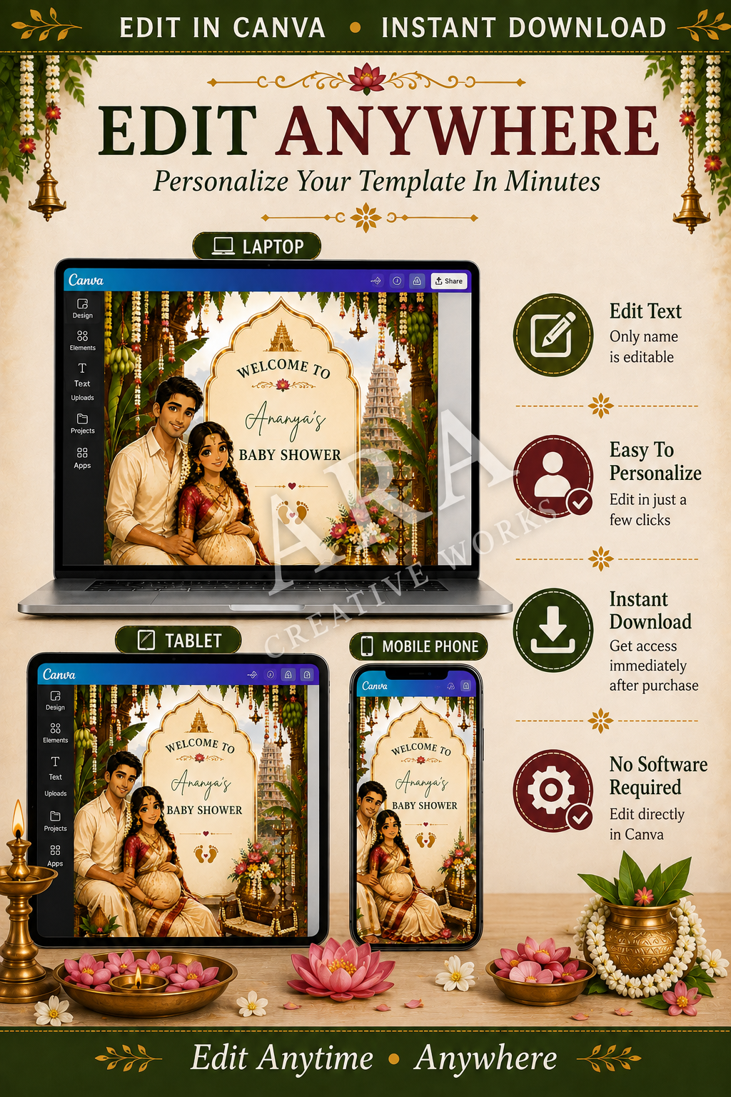 South Indian Couple Baby Shower Welcome Sign | Editable Canva Template | Traditional Indian Seemantham Welcome Board | Digital Download