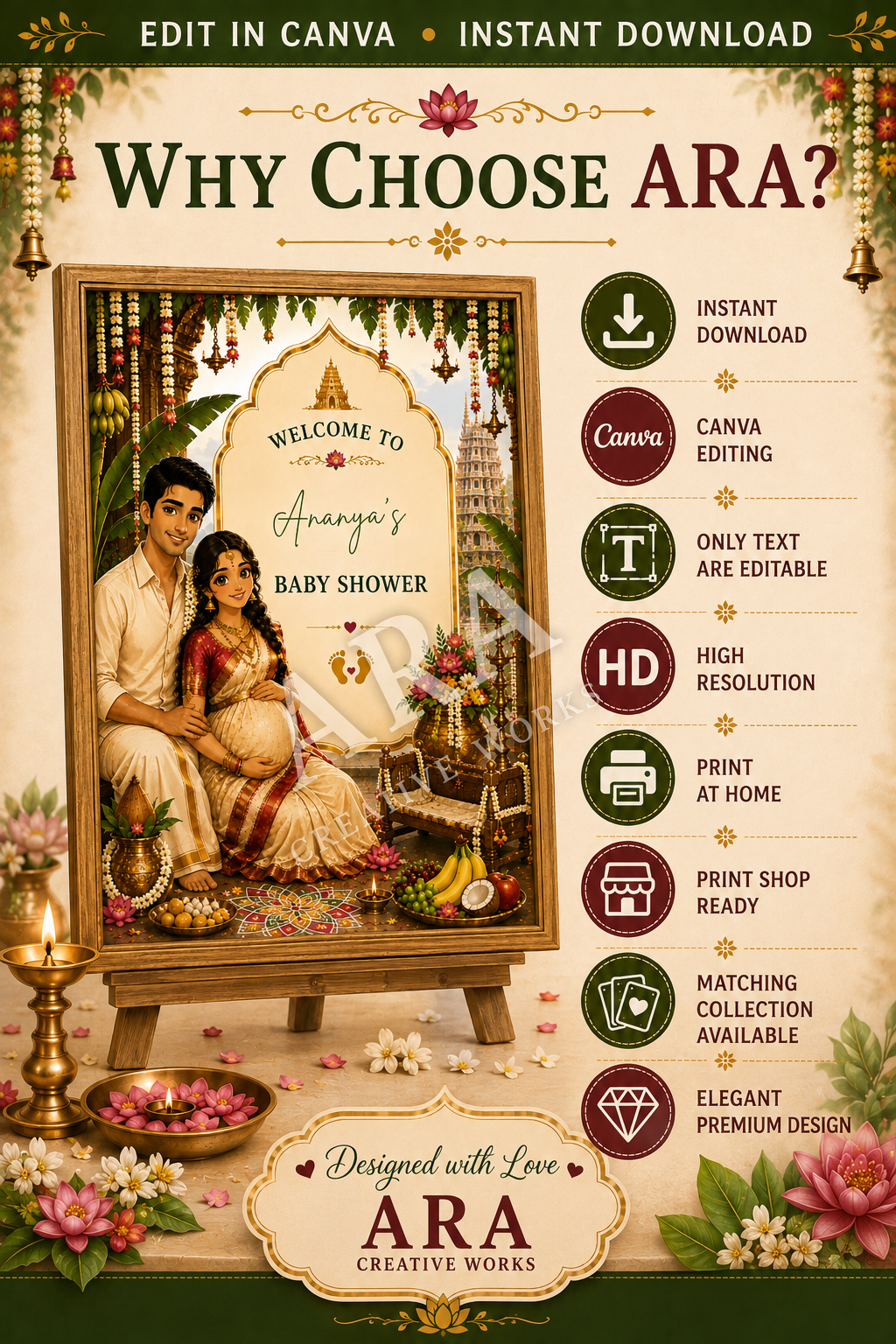 South Indian Couple Baby Shower Welcome Sign | Editable Canva Template | Traditional Indian Seemantham Welcome Board | Digital Download
