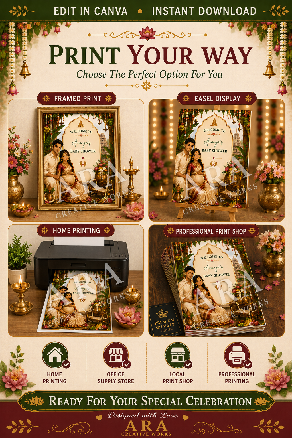 South Indian Couple Baby Shower Welcome Sign | Editable Canva Template | Traditional Indian Seemantham Welcome Board | Digital Download