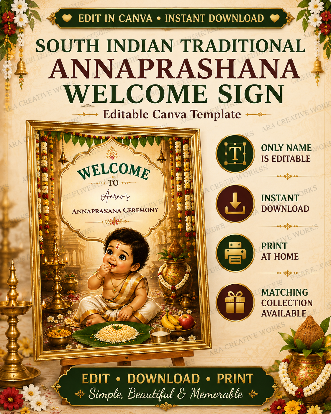South Indian Traditional Annaprashana Welcome Sign | Editable Canva Template | First Rice Ceremony Welcome Board | Indian Baby Ceremony