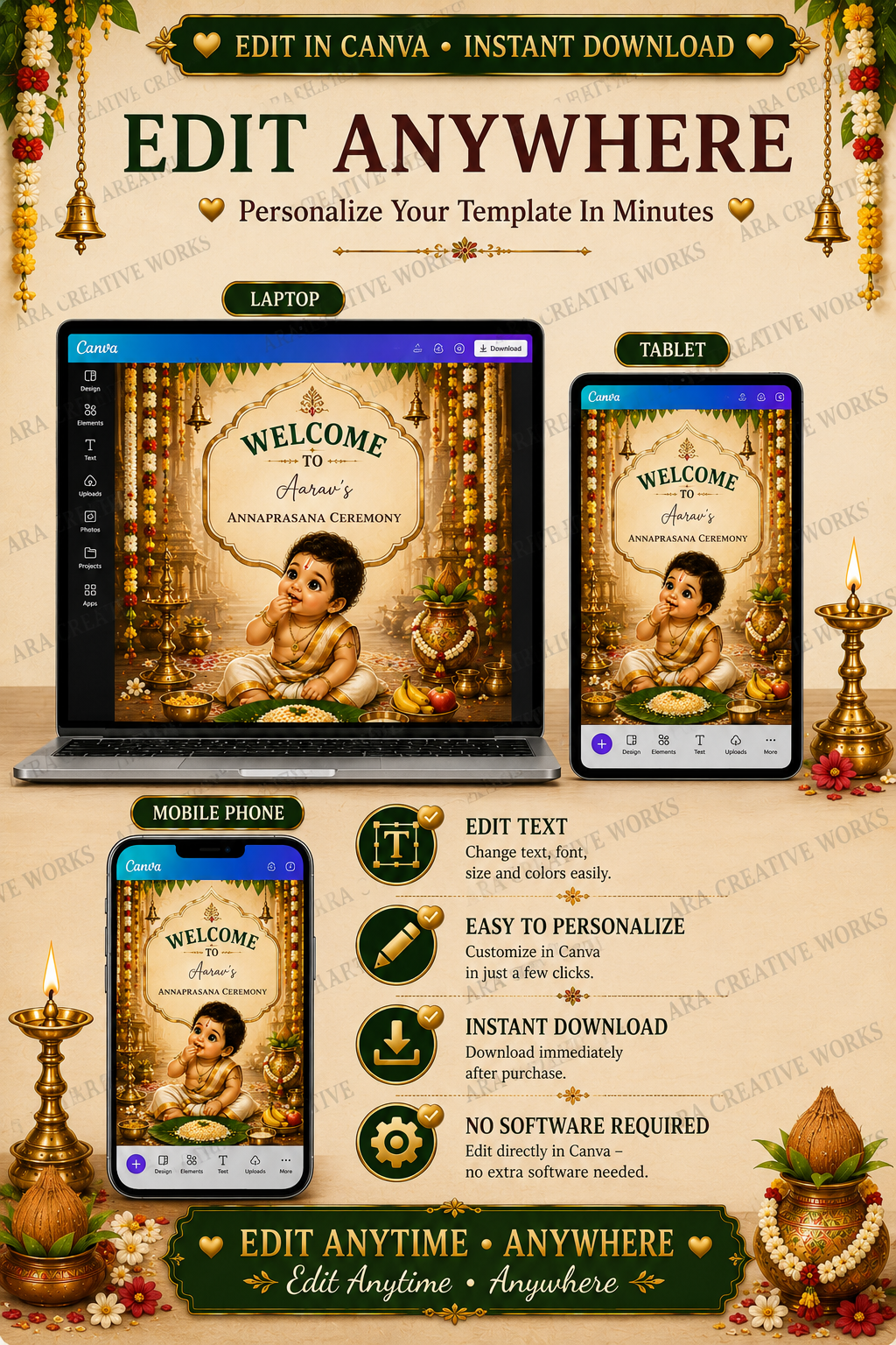 South Indian Traditional Annaprashana Welcome Sign | Editable Canva Template | First Rice Ceremony Welcome Board | Indian Baby Ceremony