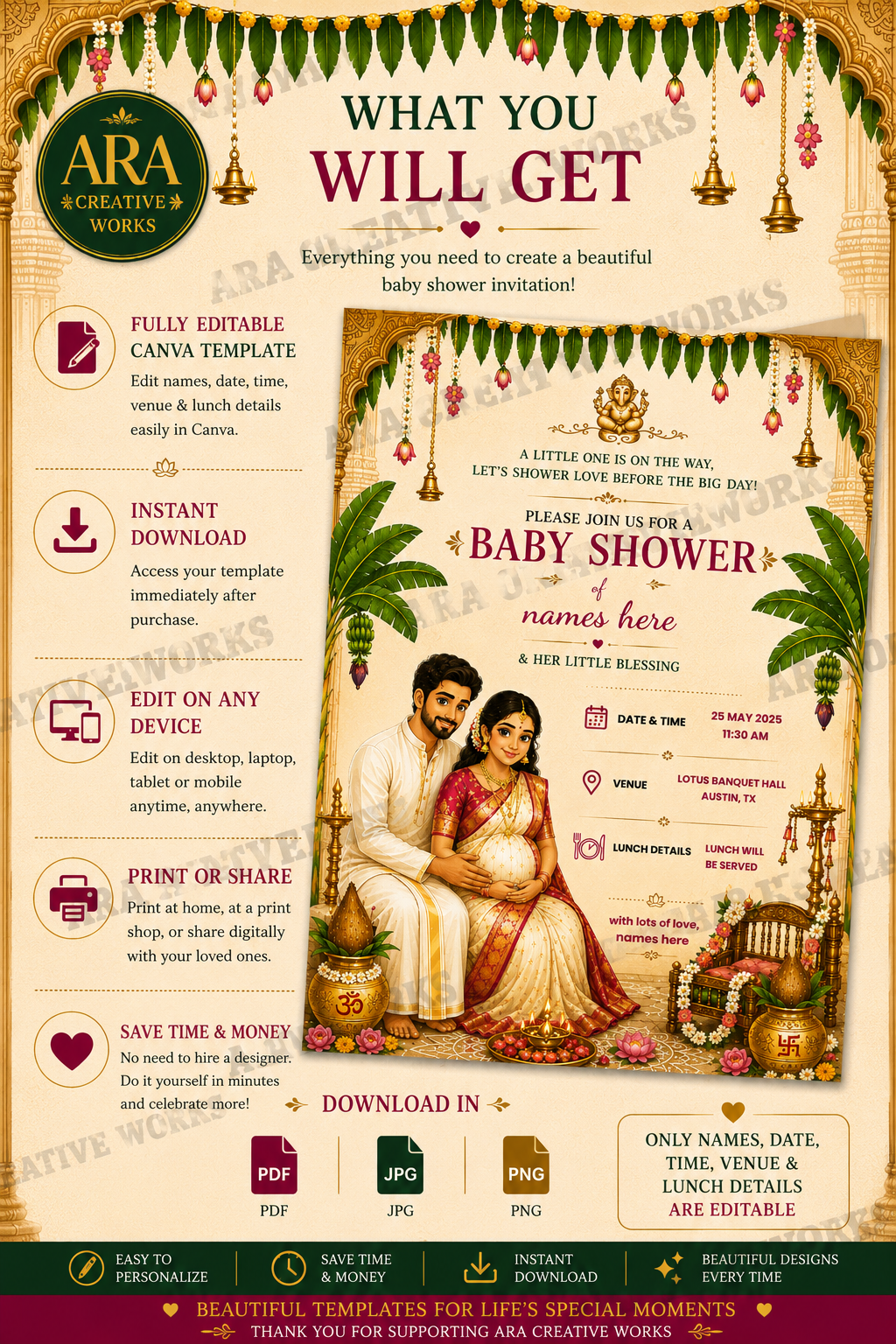 South Indian Baby Shower Couple Invitation | Editable Canva Template | Digital Download