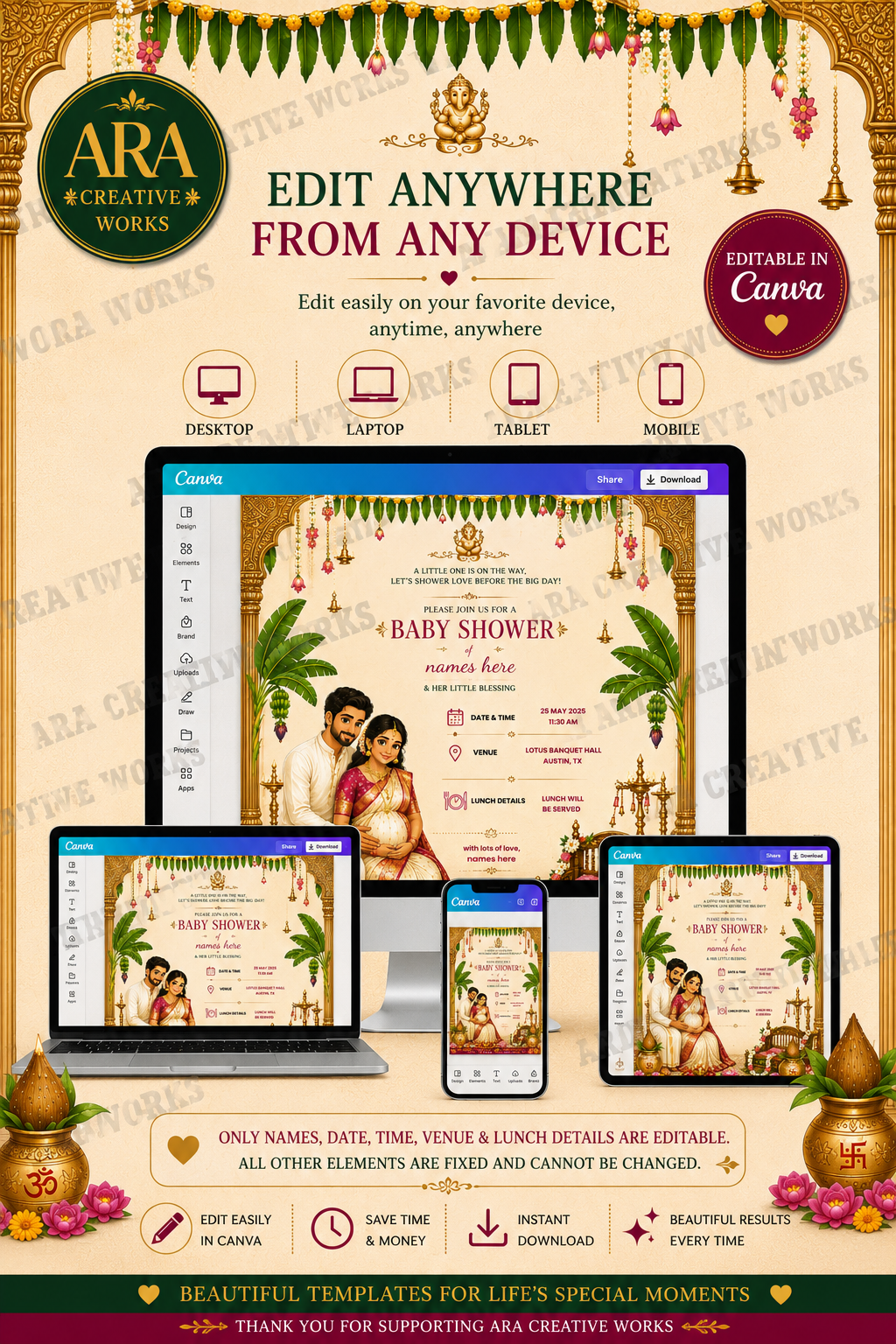 South Indian Baby Shower Couple Invitation | Editable Canva Template | Digital Download