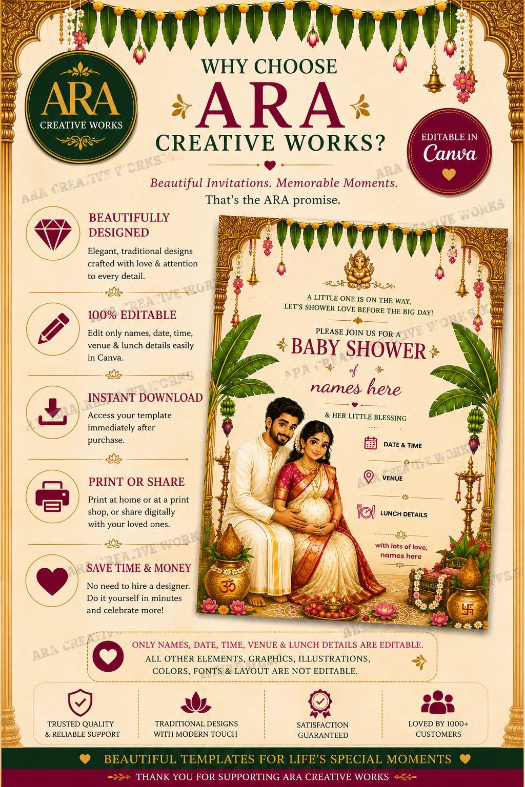 South Indian Baby Shower Couple Invitation | Editable Canva Template | Digital Download