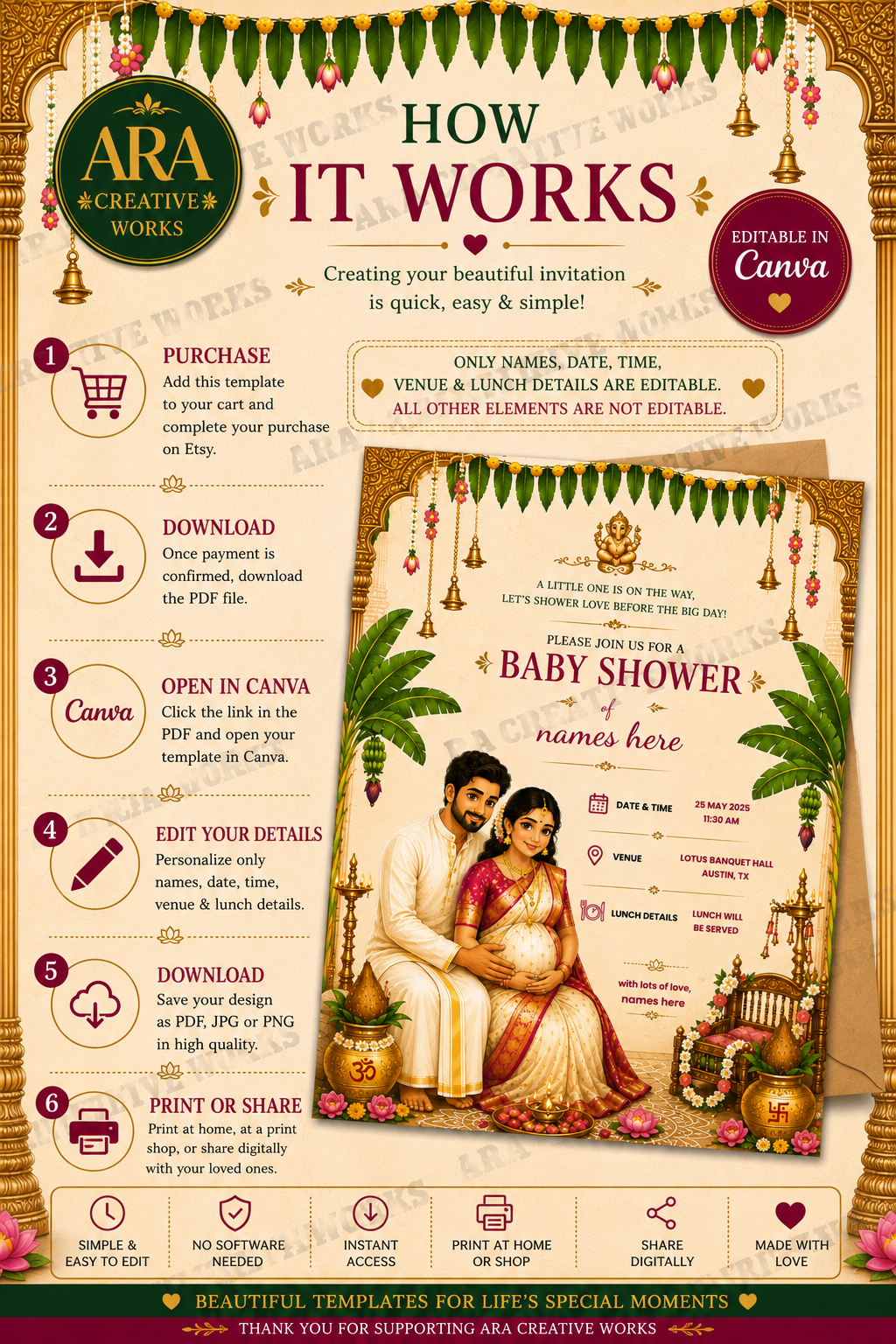 South Indian Baby Shower Couple Invitation | Editable Canva Template | Digital Download
