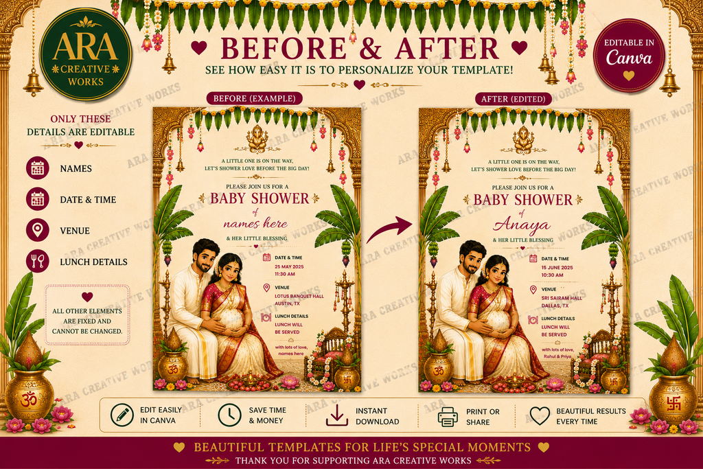 South Indian Baby Shower Couple Invitation | Editable Canva Template | Digital Download