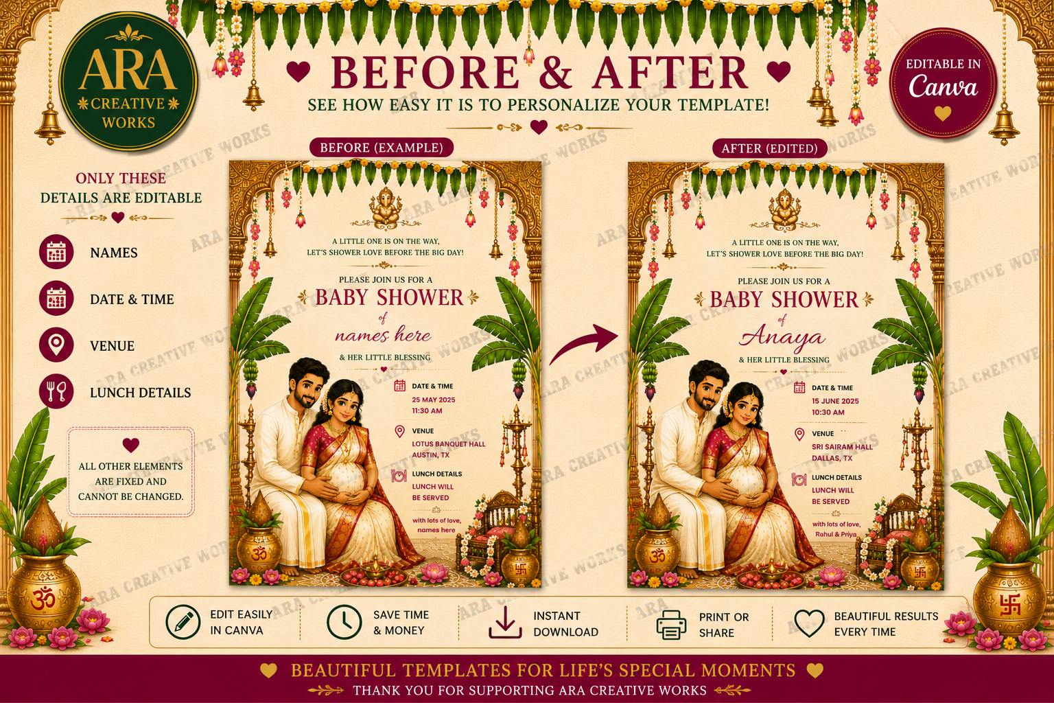 South Indian Baby Shower Couple Invitation | Editable Canva Template | Digital Download