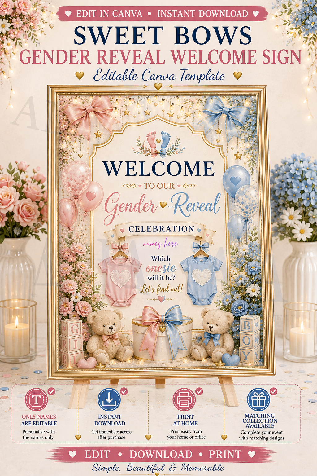 Sweet Bows Gender Reveal Welcome Sign | Editable Canva Template | Pink Blue Gender Reveal Sign | Baby Shower Welcome Sign | Instant Download