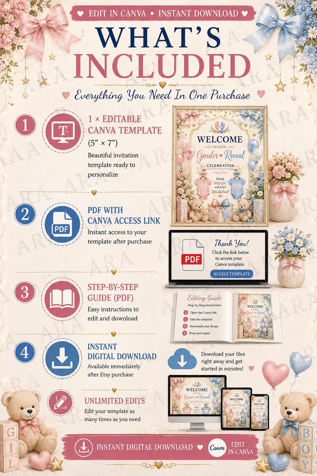 Sweet Bows Gender Reveal Welcome Sign | Editable Canva Template | Pink Blue Gender Reveal Sign | Baby Shower Welcome Sign | Instant Download