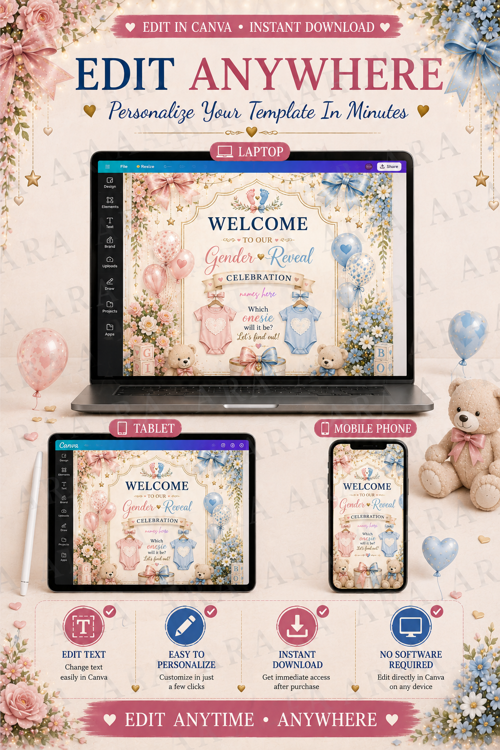 Sweet Bows Gender Reveal Welcome Sign | Editable Canva Template | Pink Blue Gender Reveal Sign | Baby Shower Welcome Sign | Instant Download