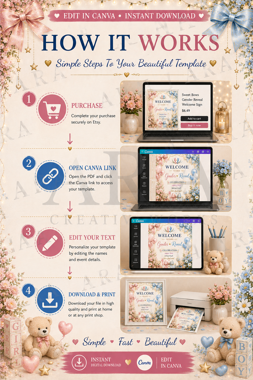 Sweet Bows Gender Reveal Welcome Sign | Editable Canva Template | Pink Blue Gender Reveal Sign | Baby Shower Welcome Sign | Instant Download