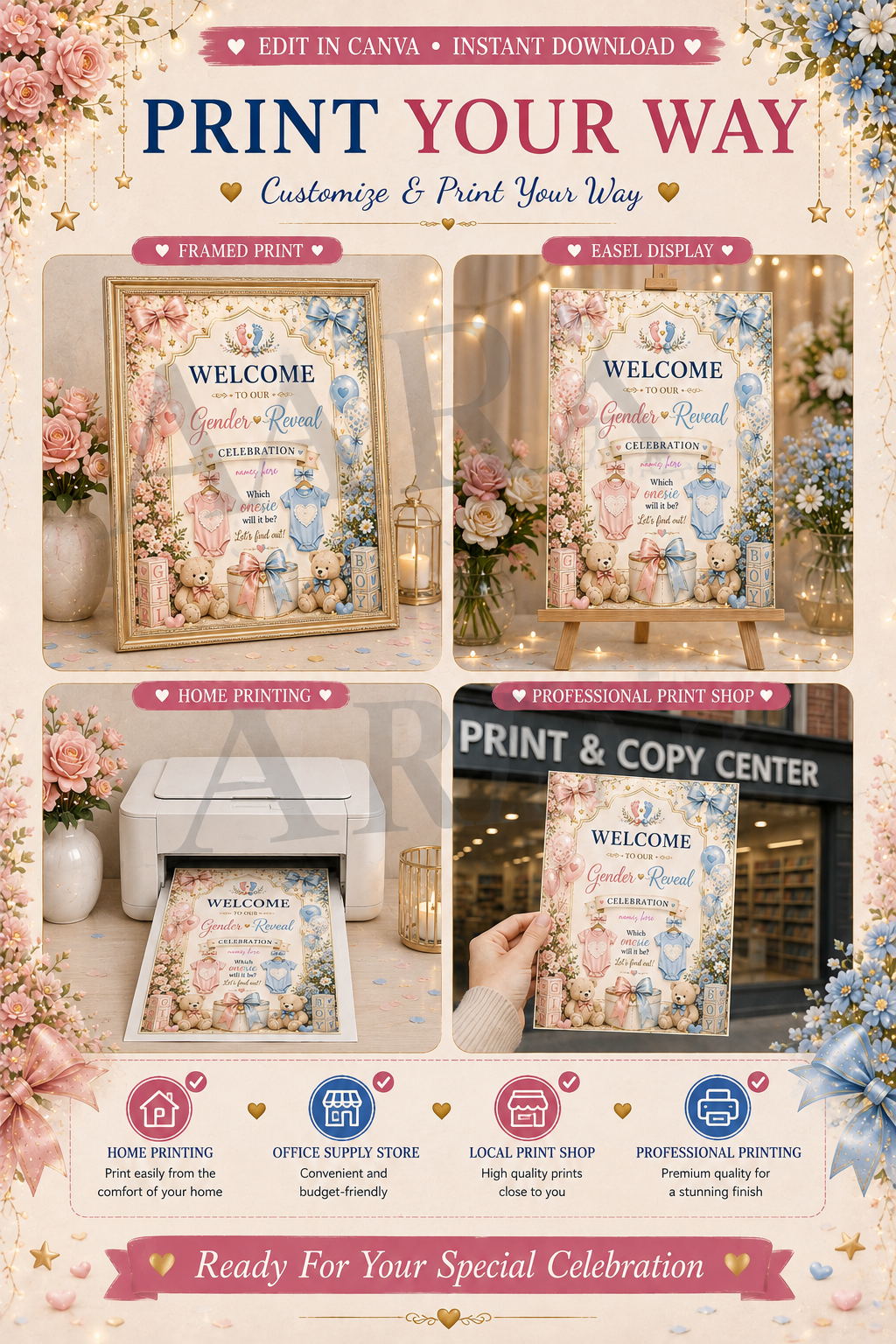 Sweet Bows Gender Reveal Welcome Sign | Editable Canva Template | Pink Blue Gender Reveal Sign | Baby Shower Welcome Sign | Instant Download