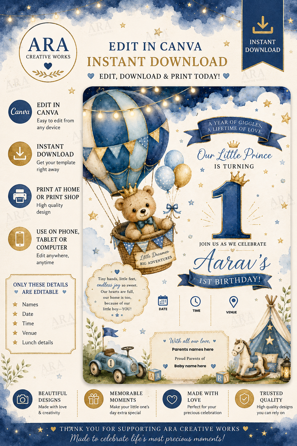 Teddy Bear Hot Air Balloon Birthday Invitation Template | Boy 1st Birthday Canva Invitation | Instant Download