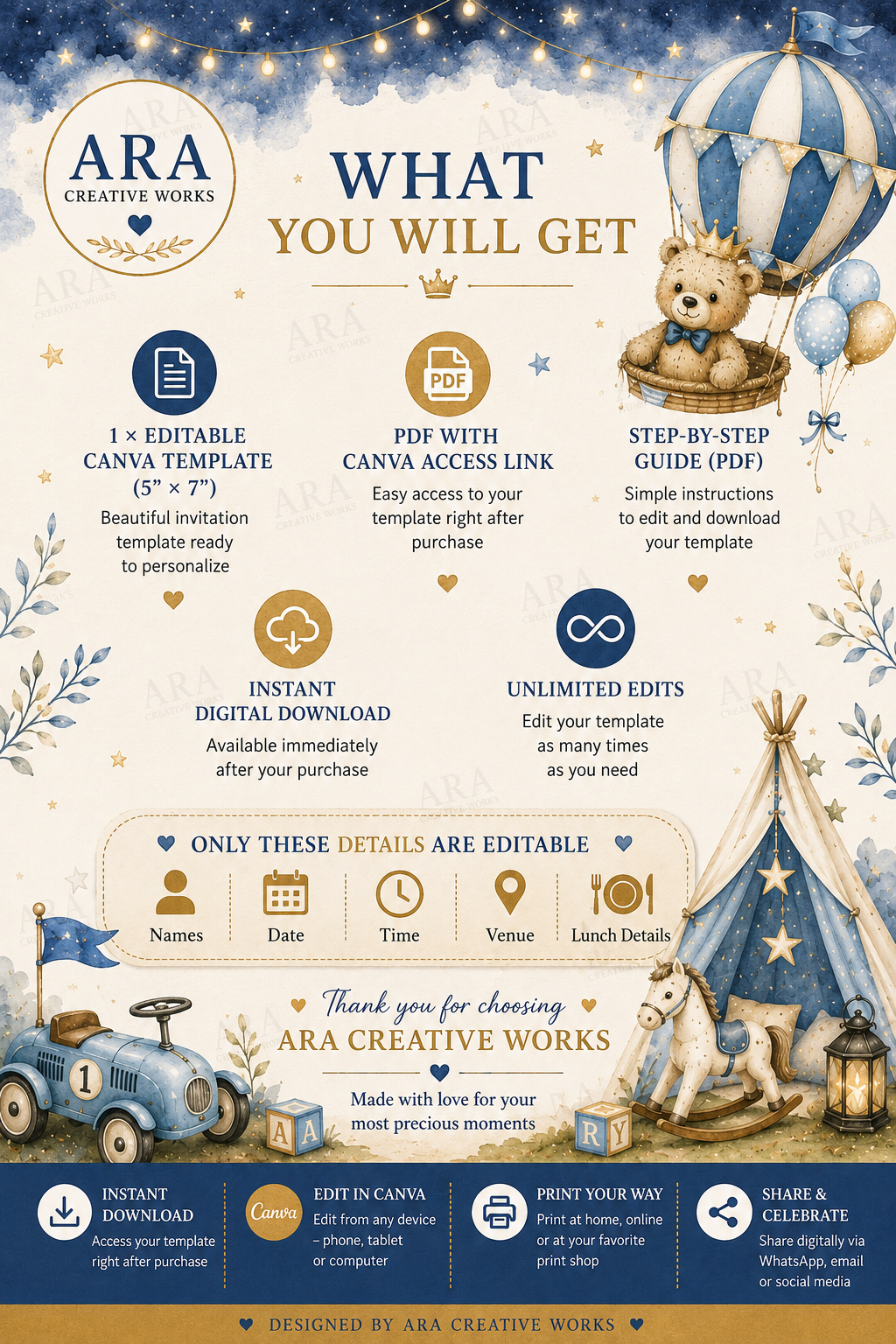 Teddy Bear Hot Air Balloon Birthday Invitation Template | Boy 1st Birthday Canva Invitation | Instant Download