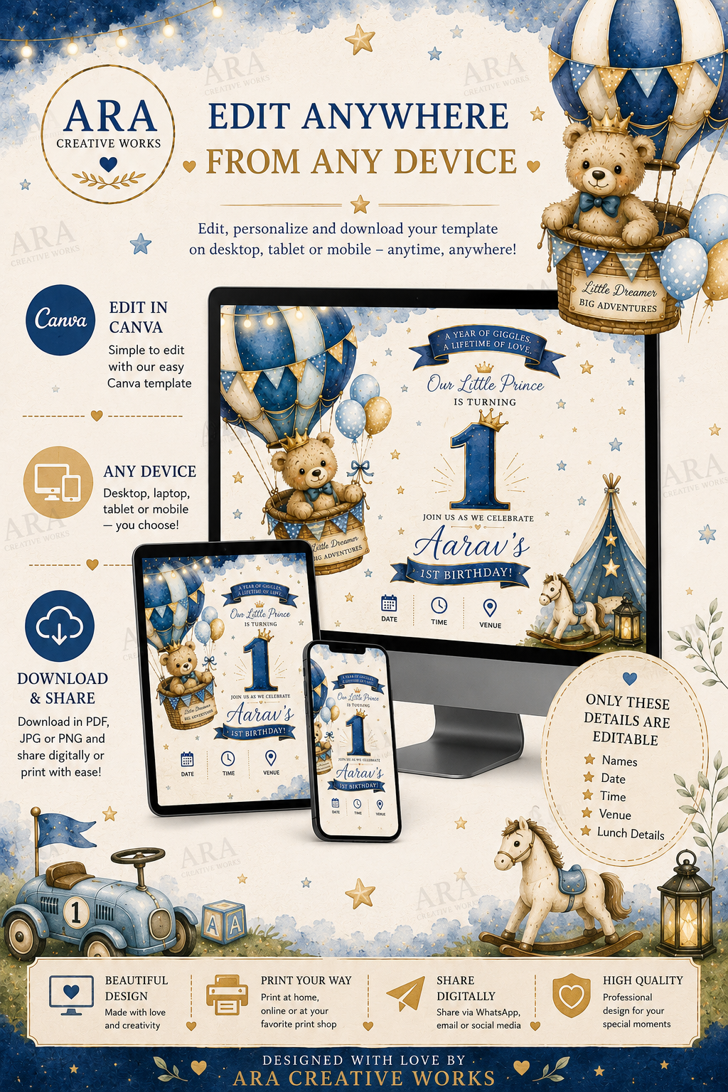 Teddy Bear Hot Air Balloon Birthday Invitation Template | Boy 1st Birthday Canva Invitation | Instant Download