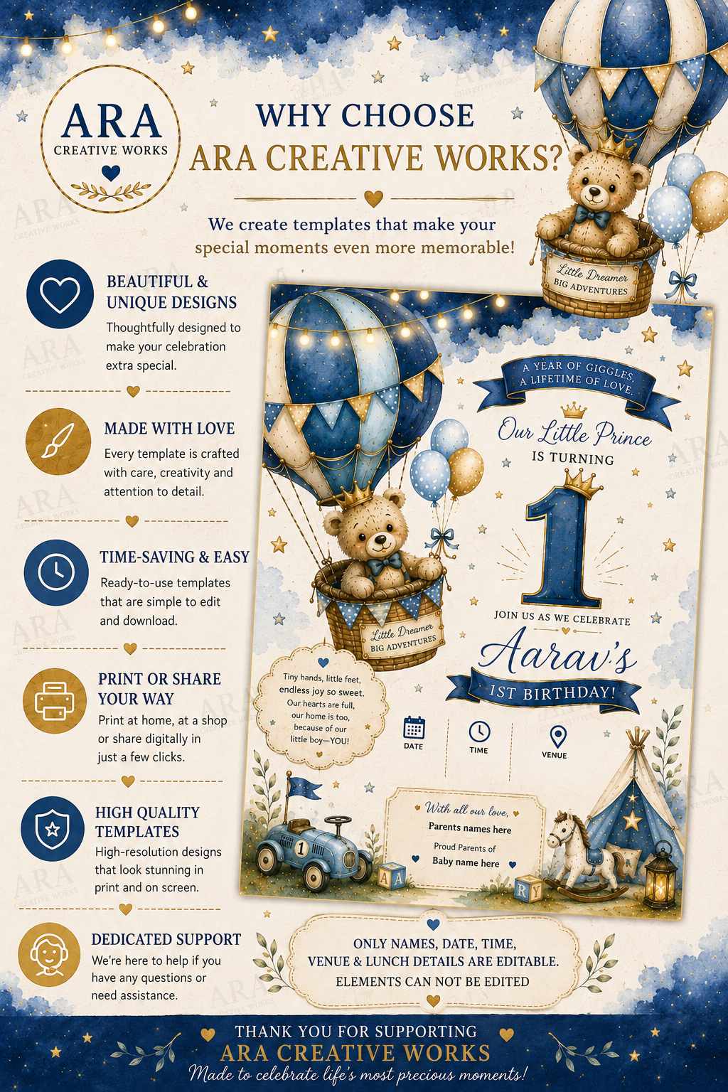 Teddy Bear Hot Air Balloon Birthday Invitation Template | Boy 1st Birthday Canva Invitation | Instant Download