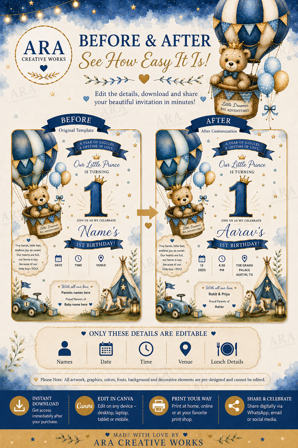 Teddy Bear Hot Air Balloon Birthday Invitation Template | Boy 1st Birthday Canva Invitation | Instant Download