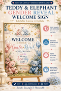 Teddy & Elephant Gender Reveal Welcome Sign | Editable Canva Template | Pink Blue Gender Reveal Sign | Printable Baby Reveal Decor