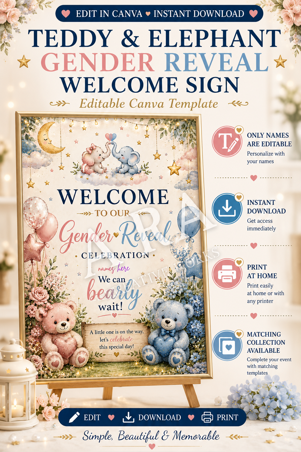 Teddy & Elephant Gender Reveal Welcome Sign | Editable Canva Template | Pink Blue Gender Reveal Sign | Printable Baby Reveal Decor