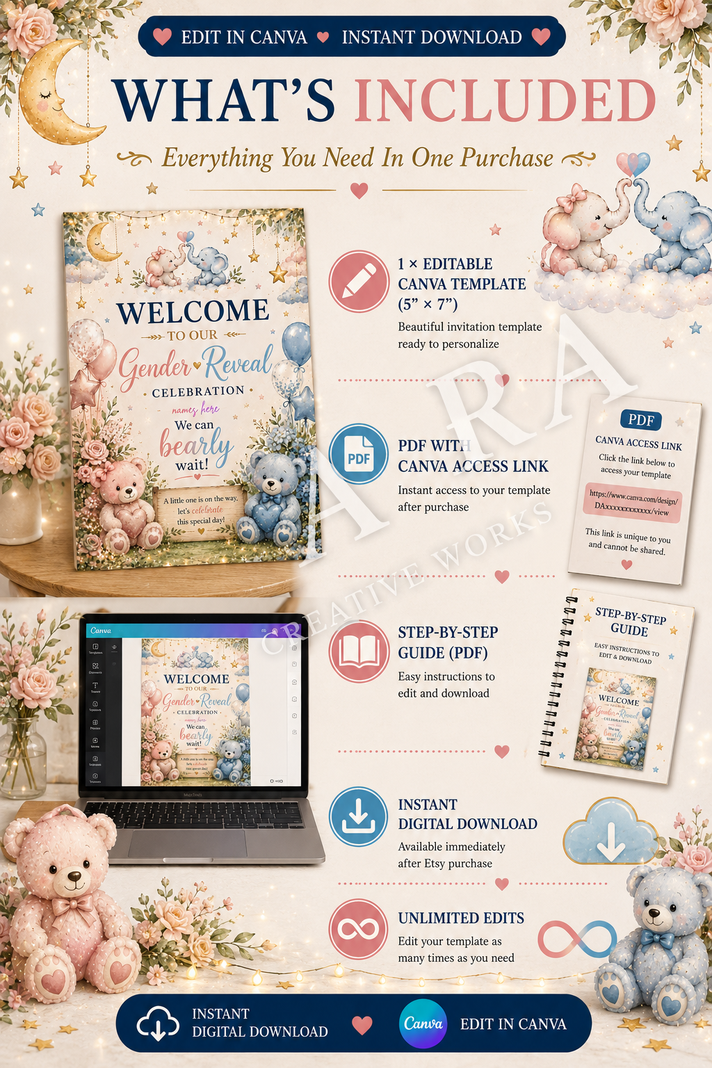 Teddy & Elephant Gender Reveal Welcome Sign | Editable Canva Template | Pink Blue Gender Reveal Sign | Printable Baby Reveal Decor