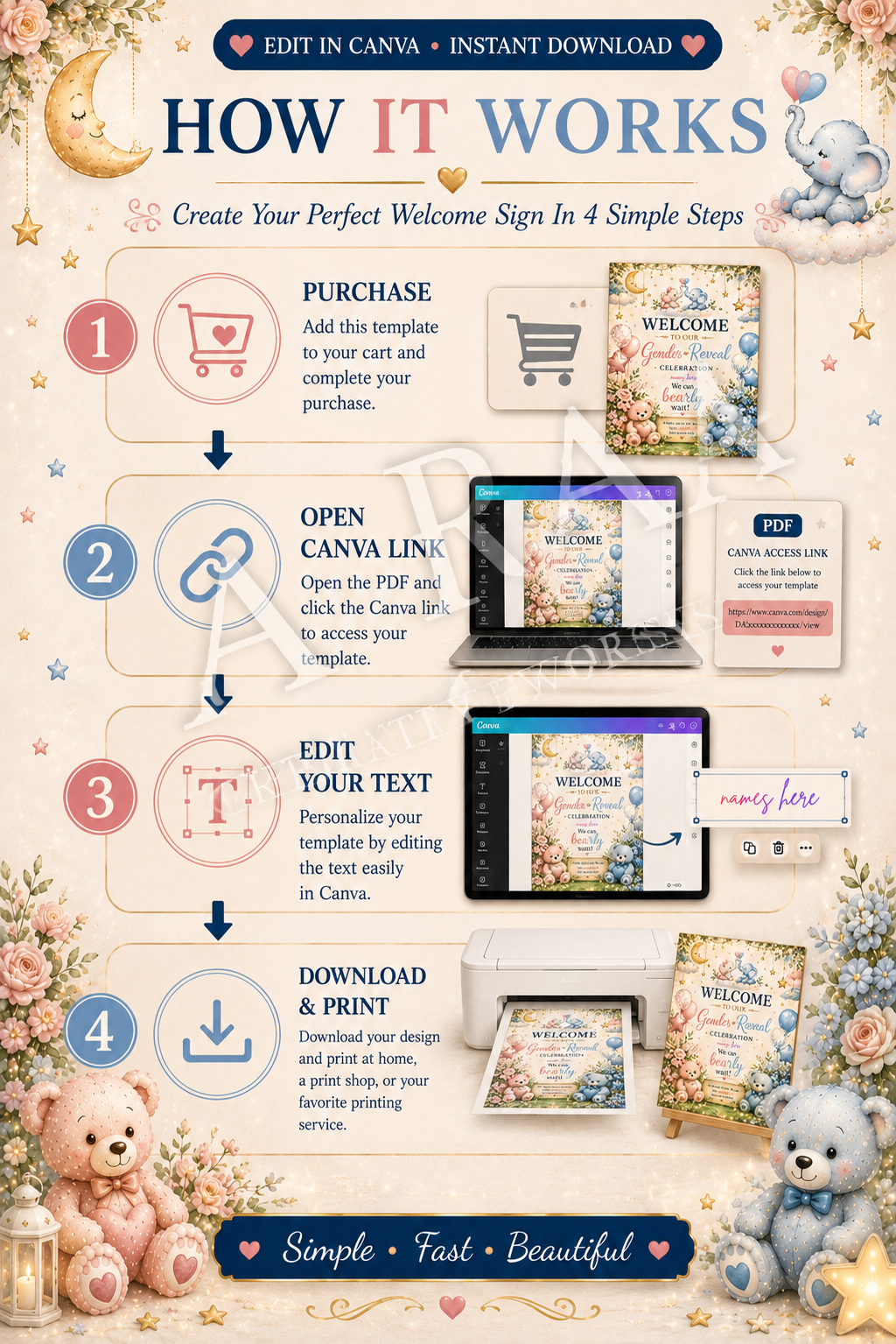 Teddy & Elephant Gender Reveal Welcome Sign | Editable Canva Template | Pink Blue Gender Reveal Sign | Printable Baby Reveal Decor