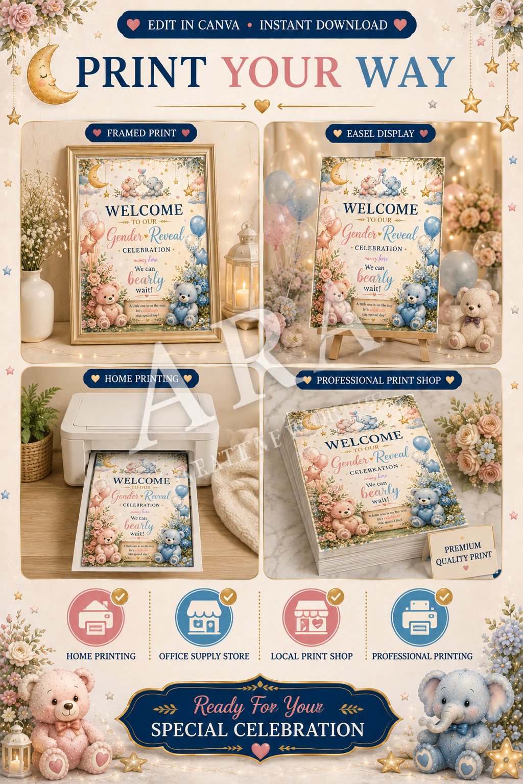 Teddy & Elephant Gender Reveal Welcome Sign | Editable Canva Template | Pink Blue Gender Reveal Sign | Printable Baby Reveal Decor