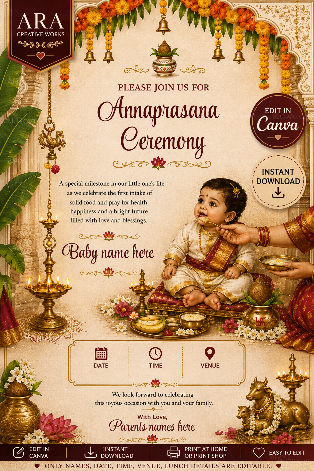 Traditional Annaprasana Ceremony Invitation Template | Editable Canva Invitation | Instant Digital Download