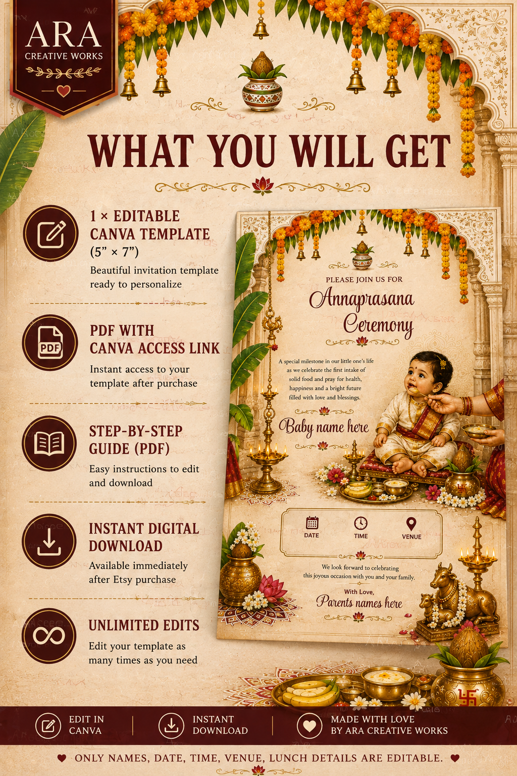 Traditional Annaprasana Ceremony Invitation Template | Editable Canva Invitation | Instant Digital Download