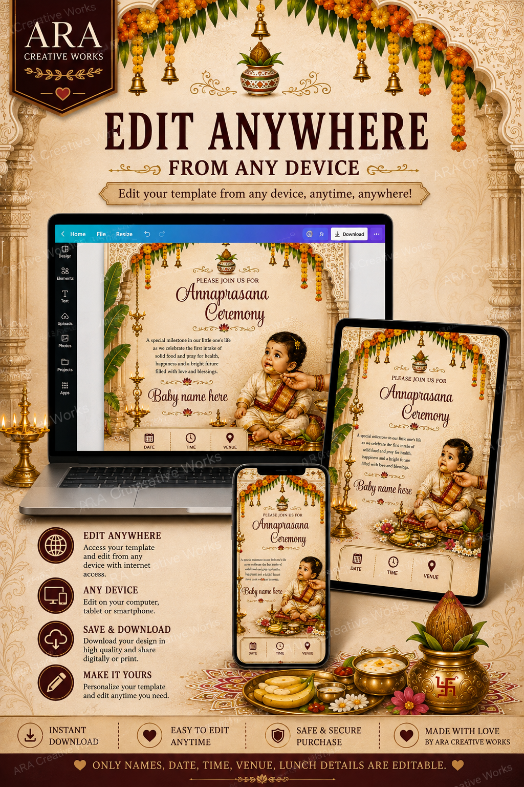 Traditional Annaprasana Ceremony Invitation Template | Editable Canva Invitation | Instant Digital Download